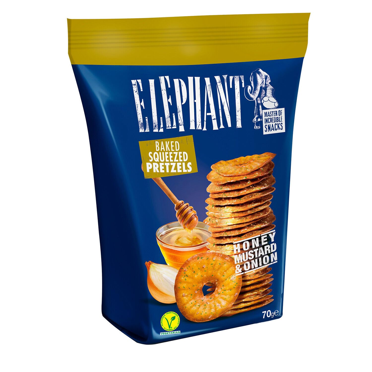 Generic Elephant Baked Squeezed Pretzels, Honey Mustard & Onion, Thin & Crispy, 9.52 Ounce Bag