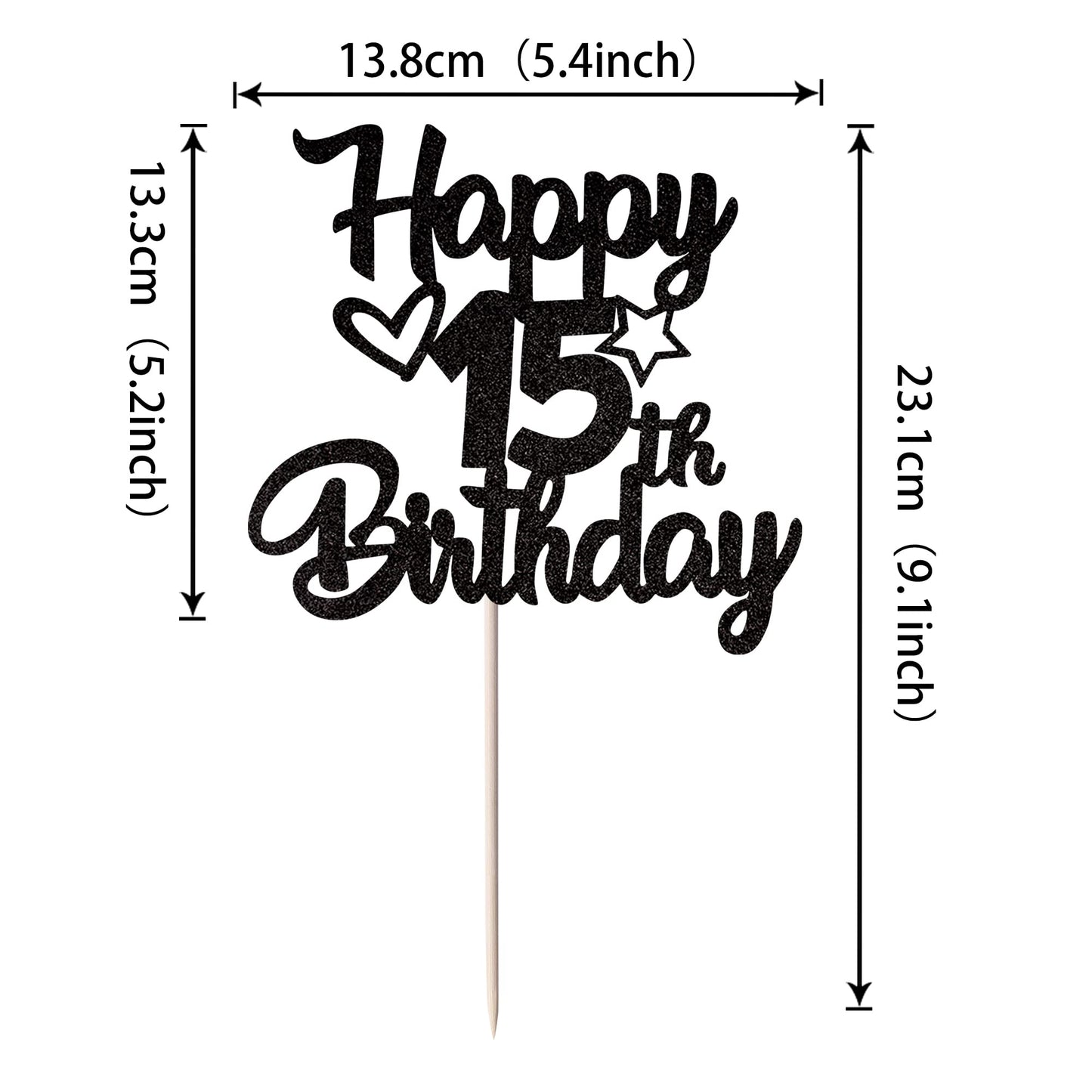 YCTHUNFISH 15th Birthday Cake Topper Glitter Heart Star Black Bamboo Decoration