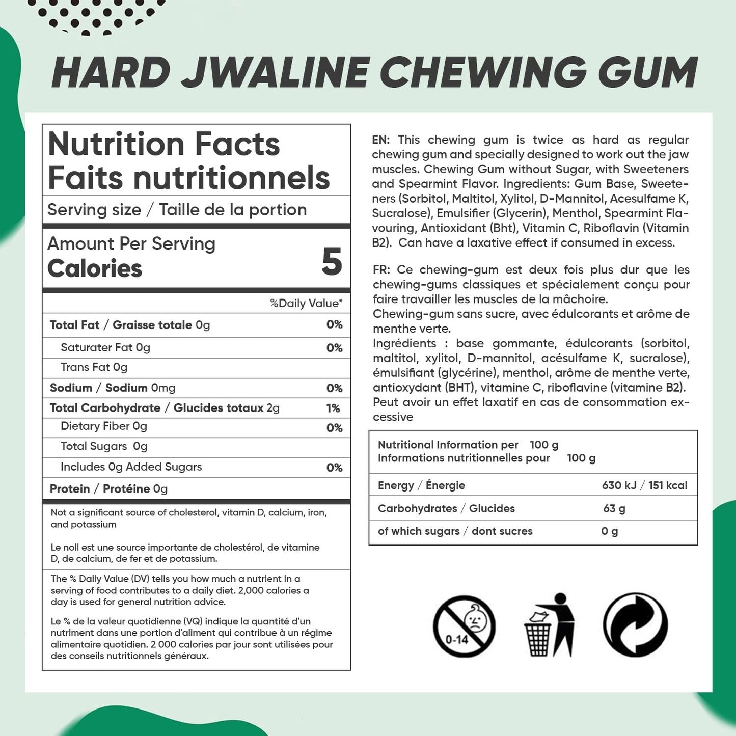 Jawliner Hard Jwaline Chewing Gum - Sugar Free Spearmint Tough Jaw Gum - Jaw Exerciser Strong Mewing Jawline Mistic Gum - 2x Harder than Regular Chewing Gum 330 Grams (120 Strips)