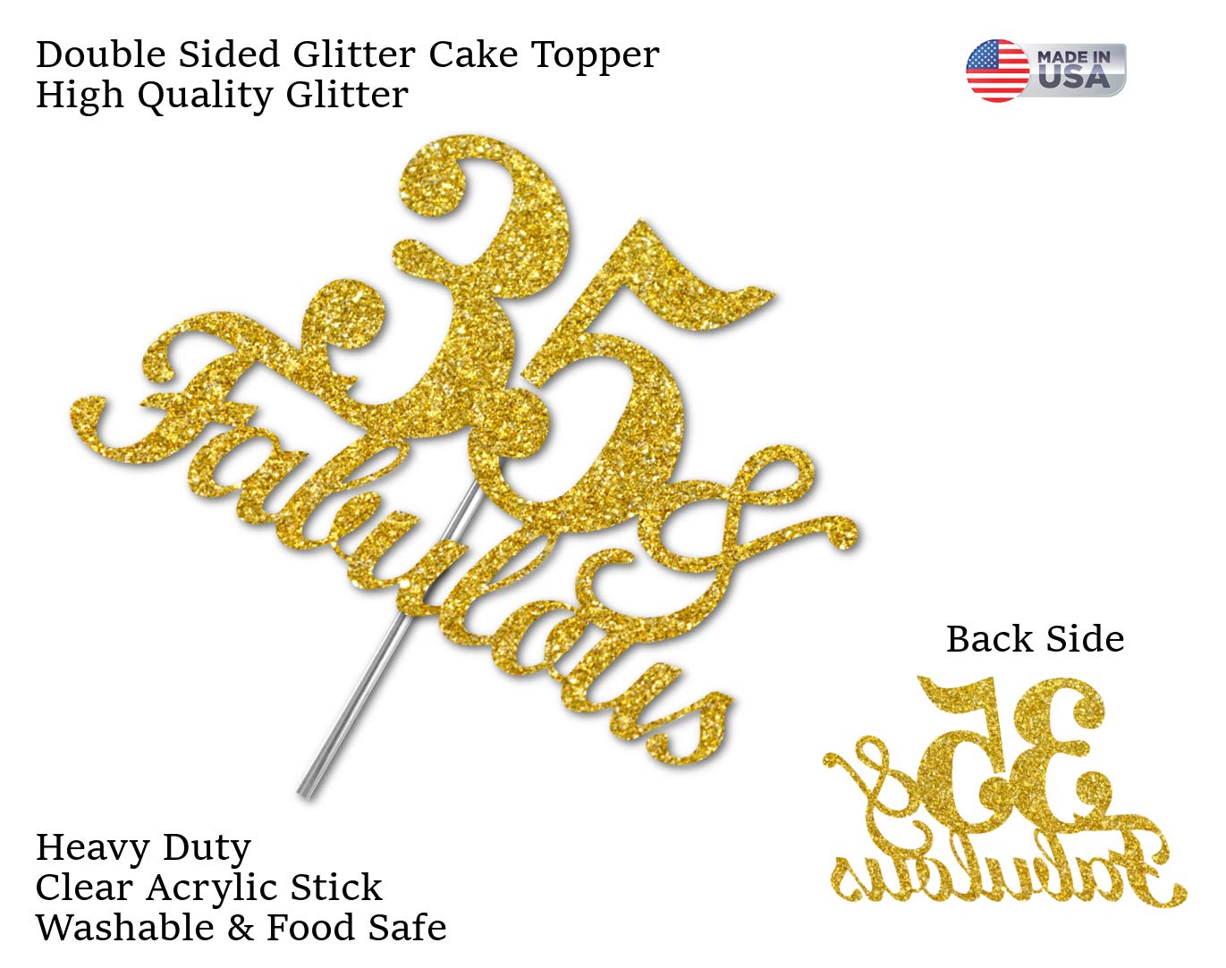 RokAPary 35 & Fabulous Cake Topper, Gold Glitter, Acrylic, Sturdy Double-Sided, 35th Birthday Decoration