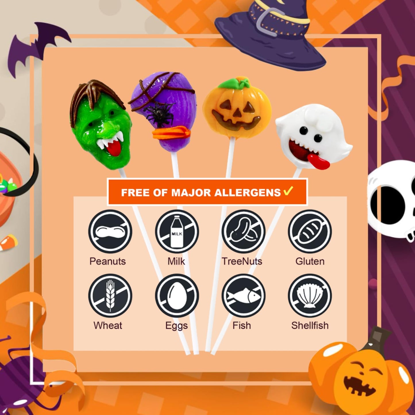 32 PK Halloween Candy Sucker Lollipops Individually Wrapped  Spooky Candies Lollipops  Green Monster  Pumpkin and Broomstick Shaped Lollipop Suckers Candy - Trick or Treat - Halloween Goody Bag Fillers
