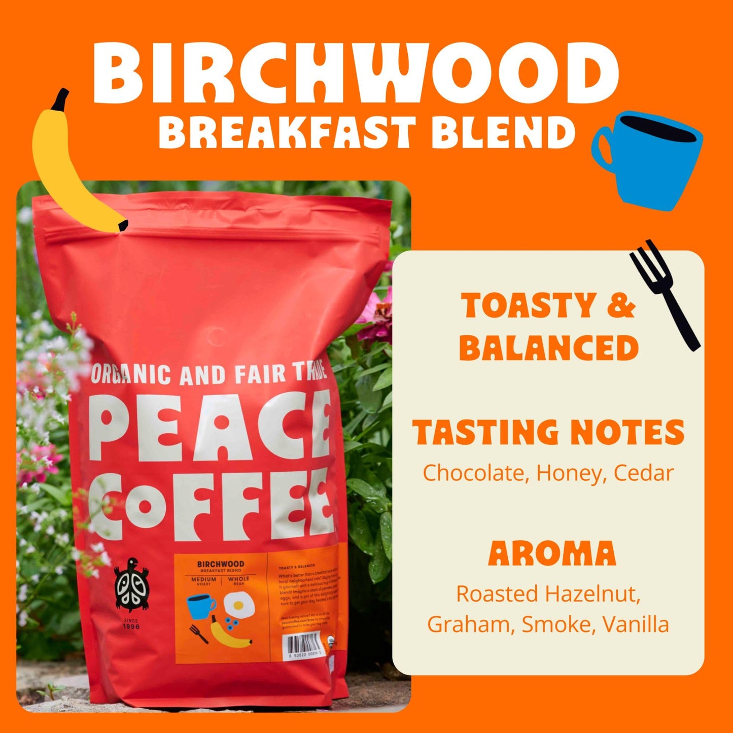 Peace Coffee Birchwood Breakfast Blend | 5 Lb Ground Medium Roast | Organic Fair Trade | Smooth, Mild Flavor | Shade Grown, Fres