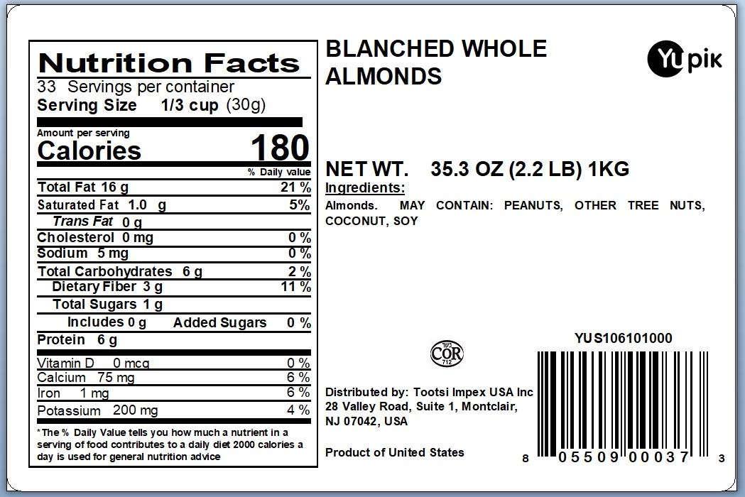 Yupik Whole Blanched California Almonds, 2.2 Lb, Skinless, Unsalted, Gluten-Free, Kosher, Raw, Good Source Of Protein, Fiber, Ir