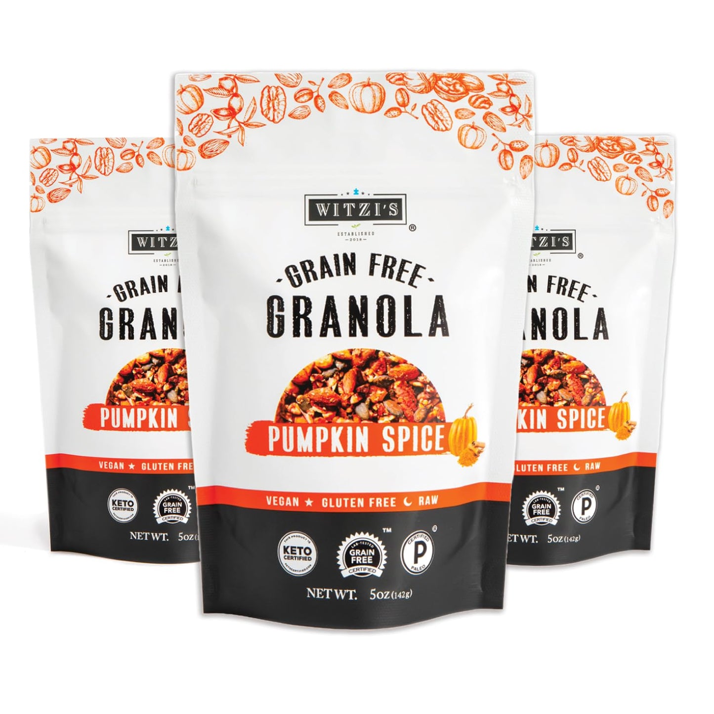 Witzi's Grain Free Granola, Pumpkin Spice, 5oz (Pack of 3), Made with Almonds, Pumpkin & Cinnamon, Vegan, Keto, Gluten Free, Hea