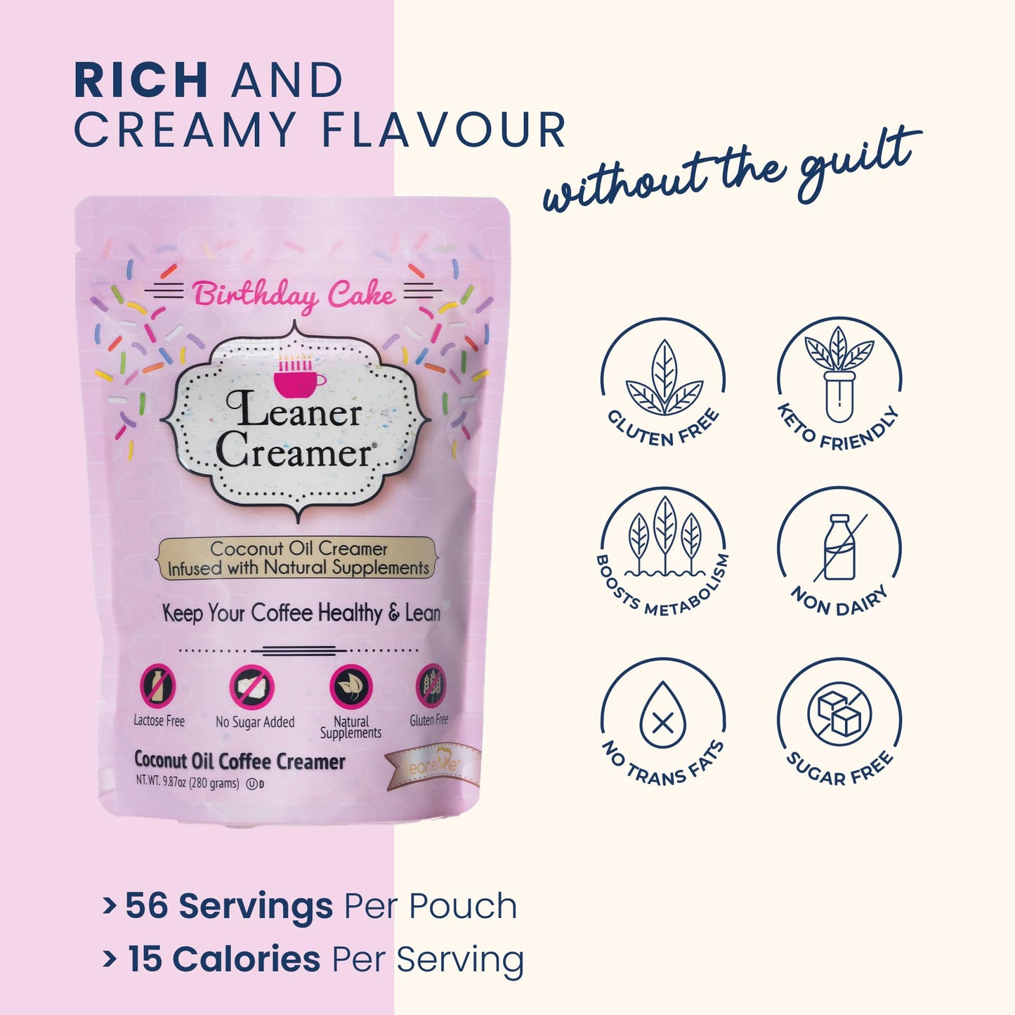 Leaner Creamer Non-Dairy Sugar Free Coffee Creamer Powder, Birthday Cake Flavor, 9.87 oz (Pack of 1)