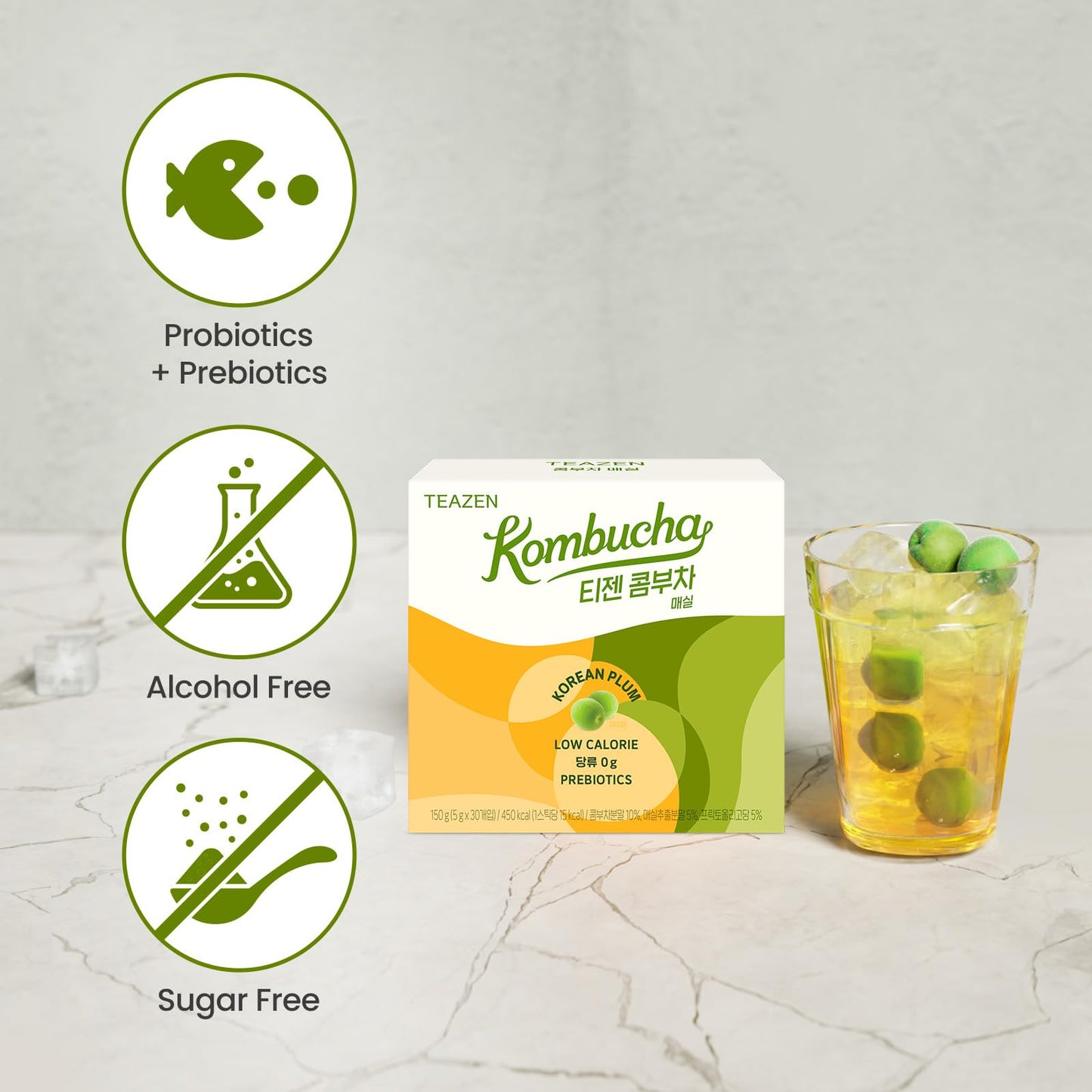 Teazen Korean Plum Kombucha Tea, Electrolyte & Hydration Drink Mix, Sugar Free, Live Probiotics & Prebiotics, 30 Sticks, 5.29Oz