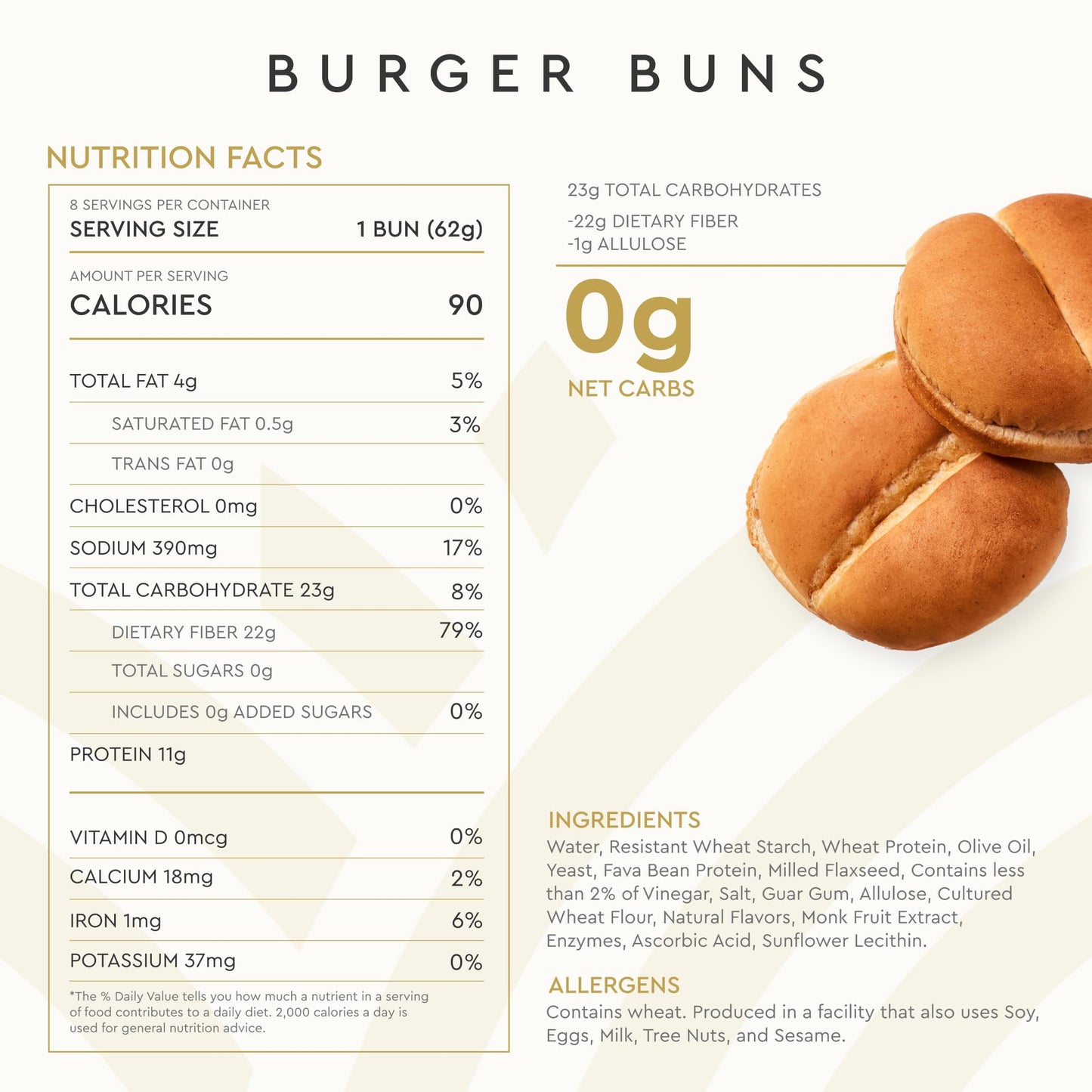 Hero Classic Hamburger Buns - Burger Buns | Net Low Carb Buns | High Fiber, 0G Net Carbs, 0G Sugar & 90 Calories Per Serving Bur