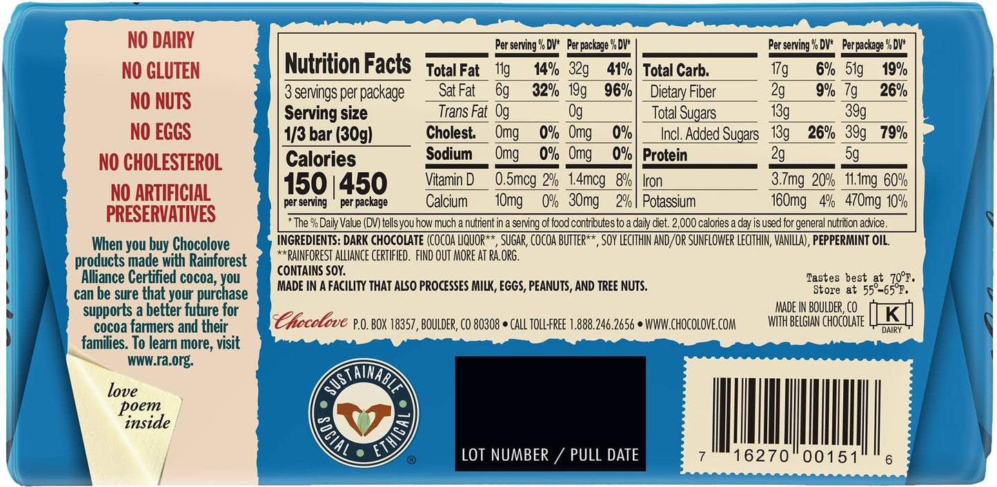 Chocolove Dark Chocolate Peppermint Bars, 55% Cacao, 6 Count, Non-GMO, Rainforest Alliance Certified, 3.2oz Each