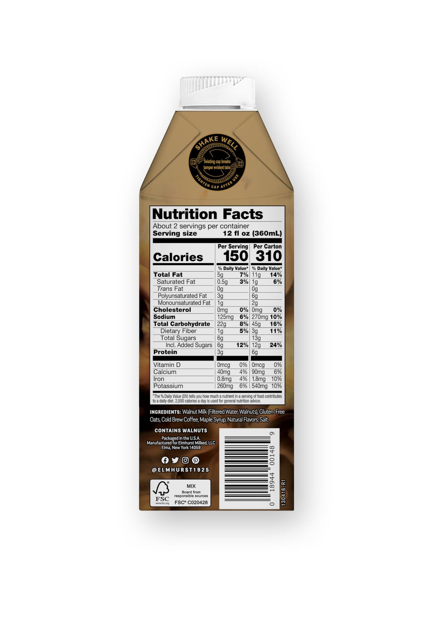 Elmhurst 1925 Maple Walnut Latte, Plant-Based Vegan Milk, 25.4oz (Pack of 6)