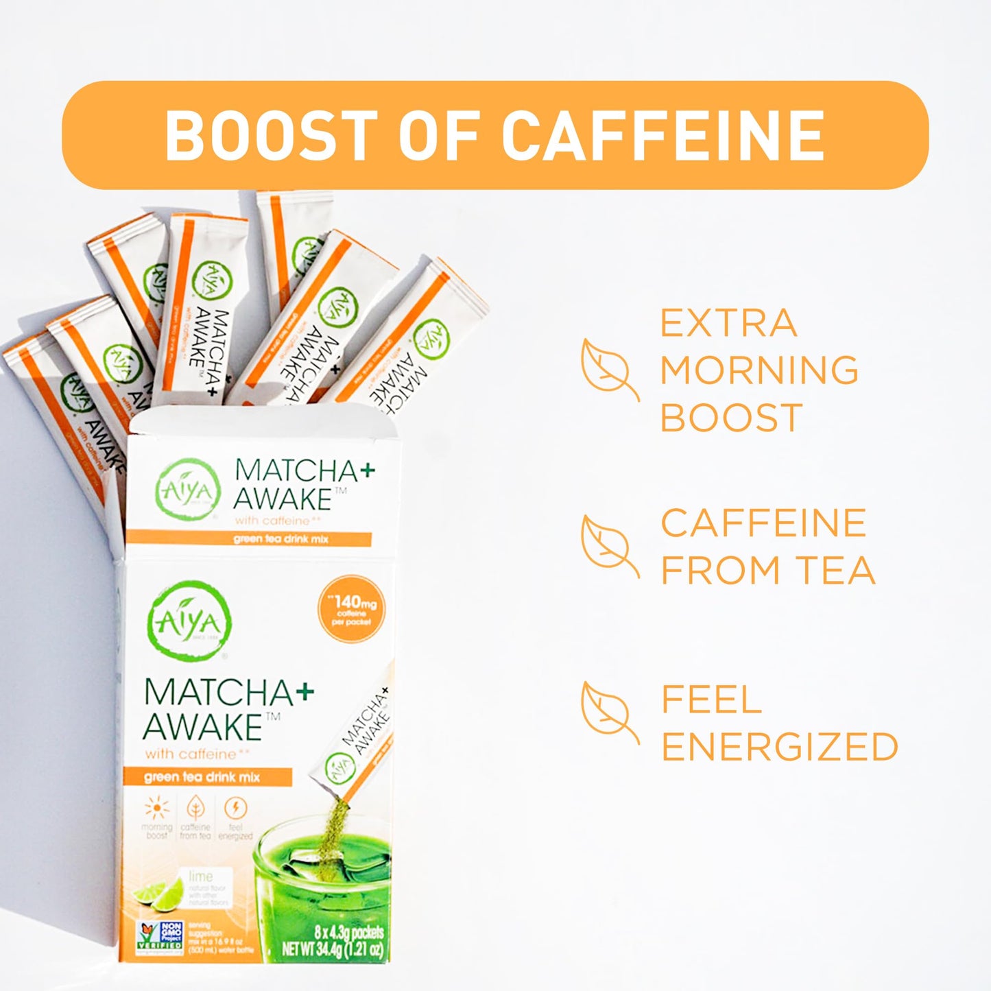 Aiya Matcha+ Awake - Lime Flavored Matcha Energy Drink Mix - 140mg Caffeine per Packet - enhanced Japanese Matcha Green Tea Powder - On-the-Go Energy Boost - 8 Sticks