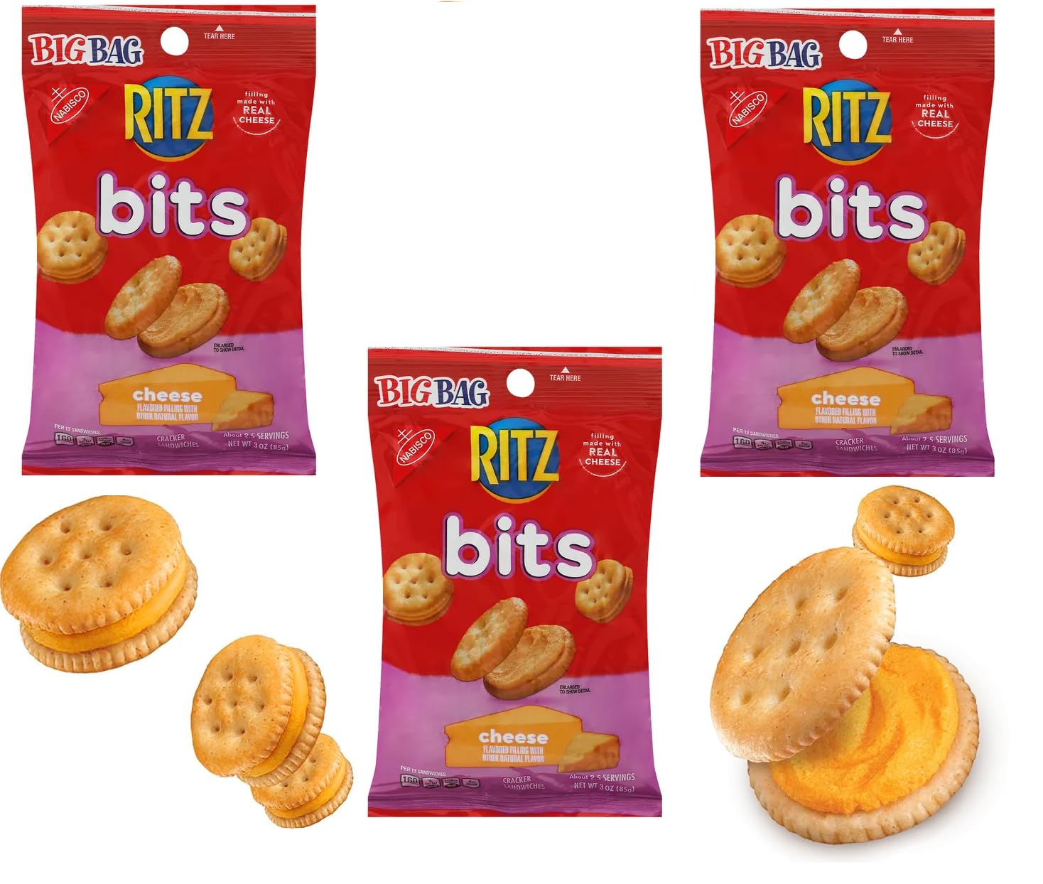 Snacks RITZ Bits Cheese Cracker Sandwiches, 3 Ounce Bags Packed with Irresistible Cheese-Filled Mini Crackers for Snacking Delig