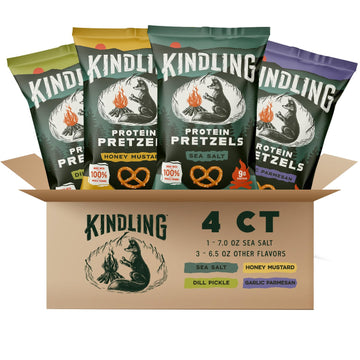 Kindling Protein Pretzels Variety Pack - Sea Salt (1), Dill Pickle (1), Honey Mustard (1), Garlic Parmesan (1) | Protein-Packed 