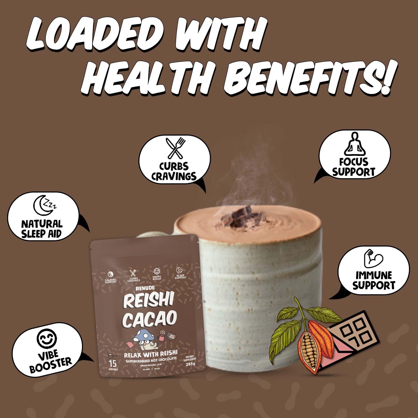 Renude Reishi Cacao - Mushroom Hot Chocolate, Mushroom Coffee Alternative, Mushroom Drink, Cacao Powder, Hot Cacao Mix With Reis