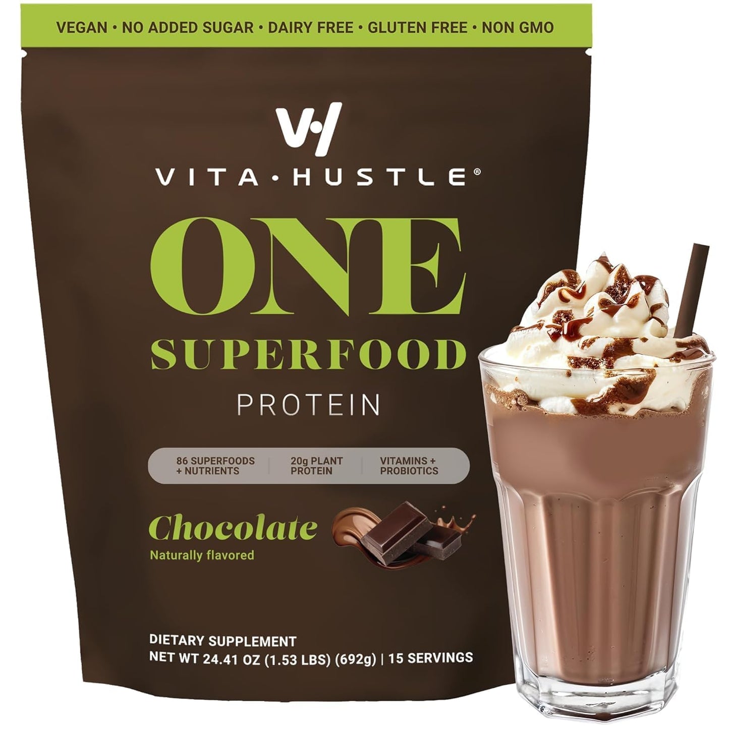 VitaHustle ONE Meal Replacement Shake - Plant Based Protein Powder, Vegan, Chocolate Flavor, 24.41 Ounce