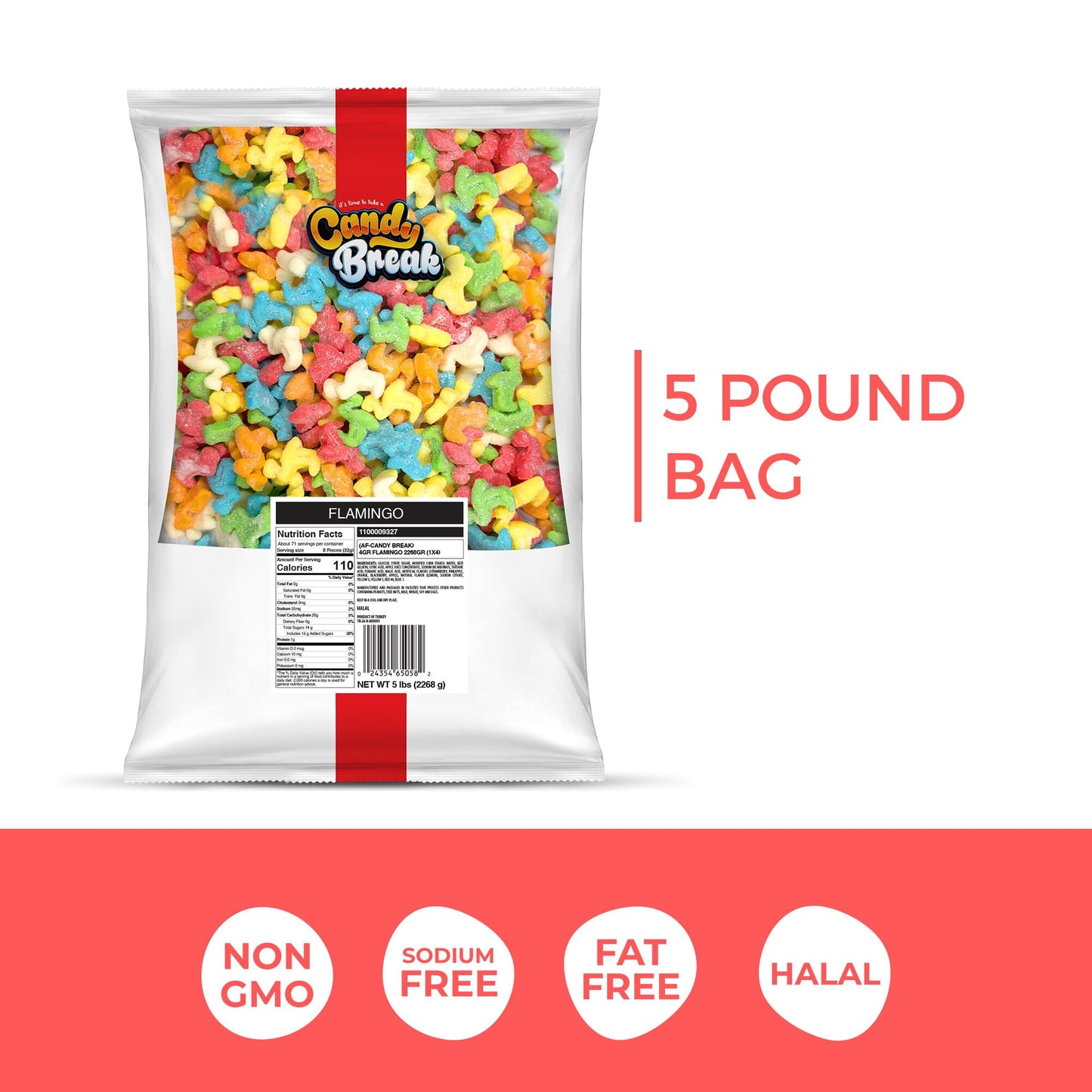 Candy Break Sour Flamingo Bulk Gummy Candy, 5 Lbs Bag, Sour & Sweet Snacks For Kids & Grown Ups, Party Size (Pack Of 1)