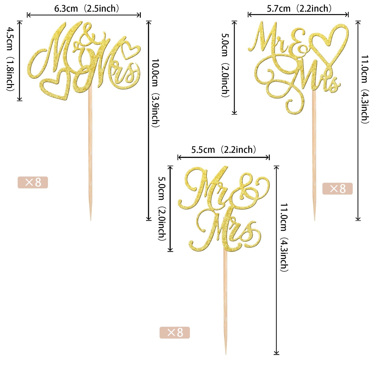 24 Pcs Mr & Mrs Cupcake Toppers Glitter Love Heart Cupcake Picks Wedding Engagement Cake Decorations For Bridal Shower Theme Bir