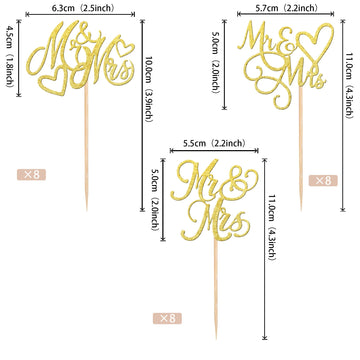 24 Pcs Mr & Mrs Cupcake Toppers Glitter Love Heart Cupcake Picks Wedding Engagement Cake Decorations For Bridal Shower Theme Bir