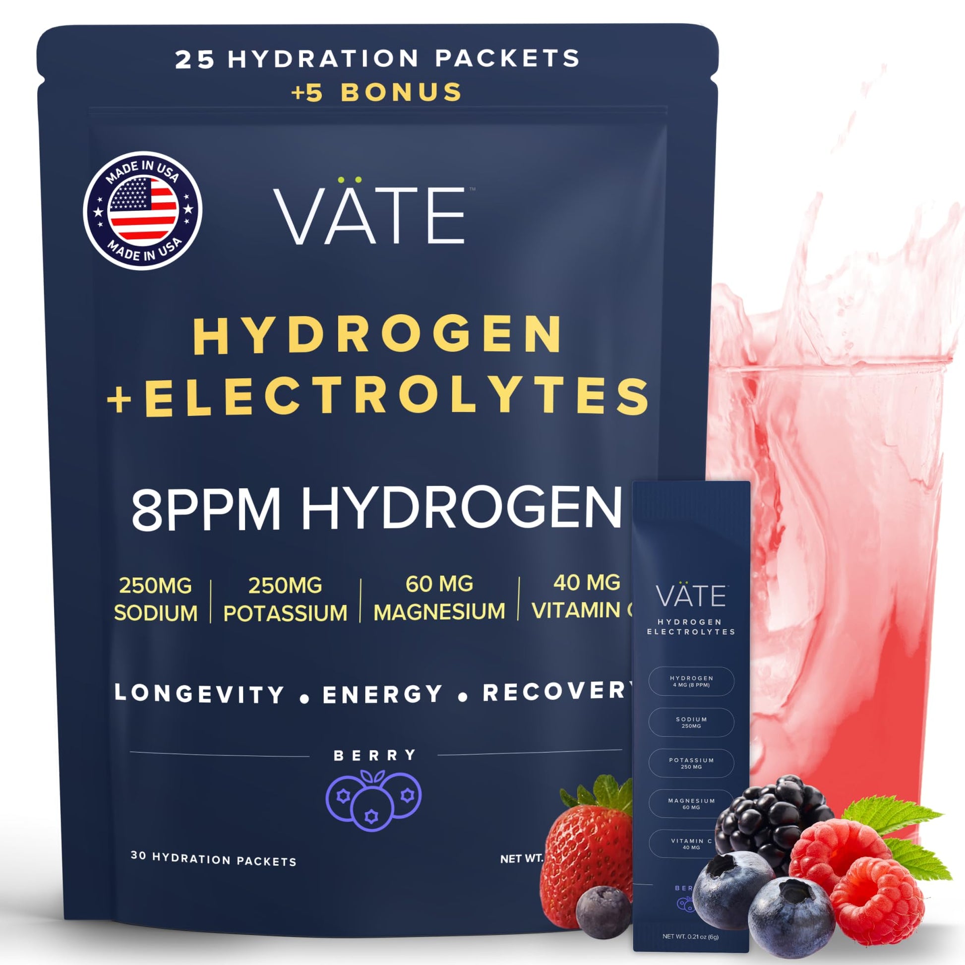 VATE Hydrogen Water + Electrolytes Powder Packets, 8 PPM Molecular Hydrogen + Electrolytes for Hydration, Focus & Recovery,Packe