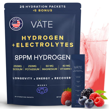 VATE Hydrogen Water + Electrolytes Powder Packets, 8 PPM Molecular Hydrogen + Electrolytes for Hydration, Focus & Recovery,Packe