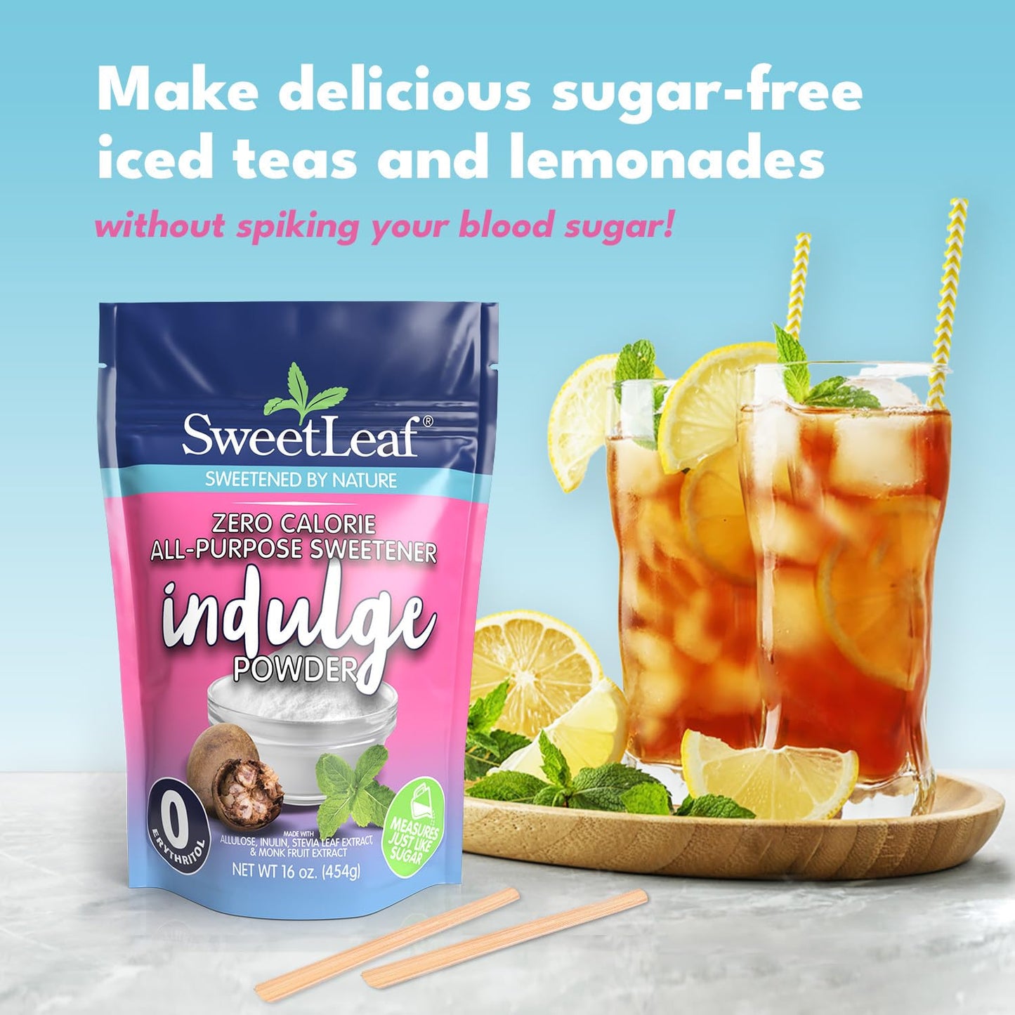 SweetLeaf Indulge Powder Sugar Replacement, Allulose & Monk Fruit Blend, Zero-Calorie, 16 Oz