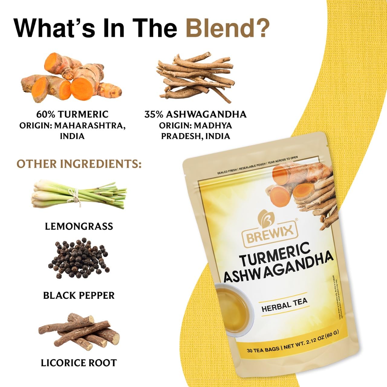 BREWIX Turmeric Tea with Ashwagandha & Black Pepper - 30 Plant Based Tea Bags, Caffeine-Free for Relaxation & Daily Stress Support