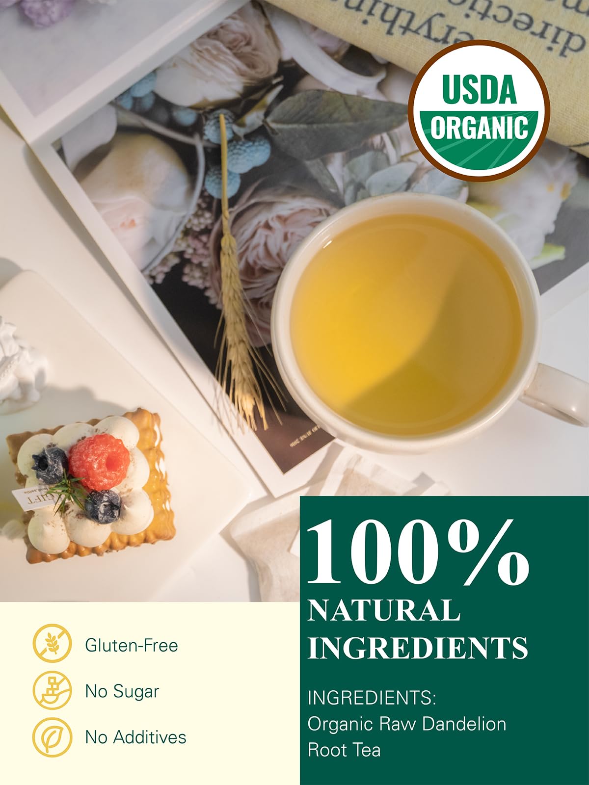 Gldnt Organic Dandelion Root Tea Bags, Enhanced Organic Raw Dandelion Root Tea, Smooth Taste, Caffeine Free, 100 Count