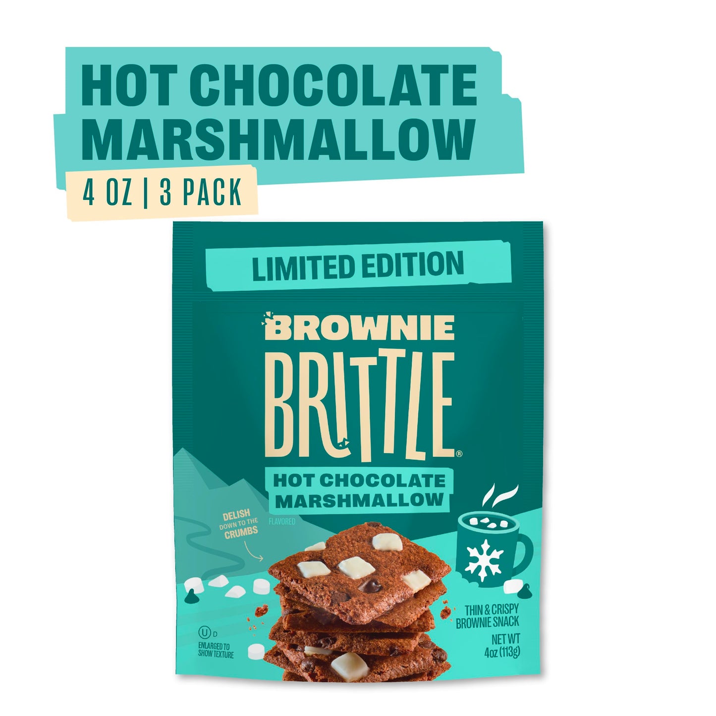 Brownie Brittle - Hot Chocolate Marshmallow Thin and Crispy Sweet Snacks (Pack of 3, 4 oz), Rich Gourmet Brownie Bites Dessert