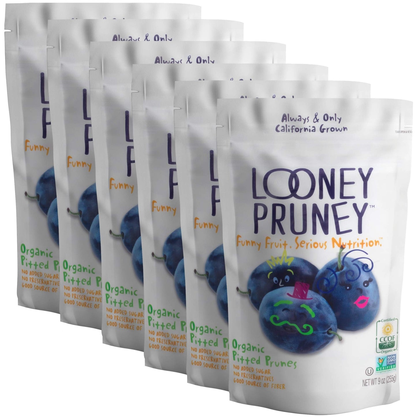 Looney Pruney Organic Pitted Dried Prunes, No Added Sugar, Kosher, 9 Ounce (Pack of 6)