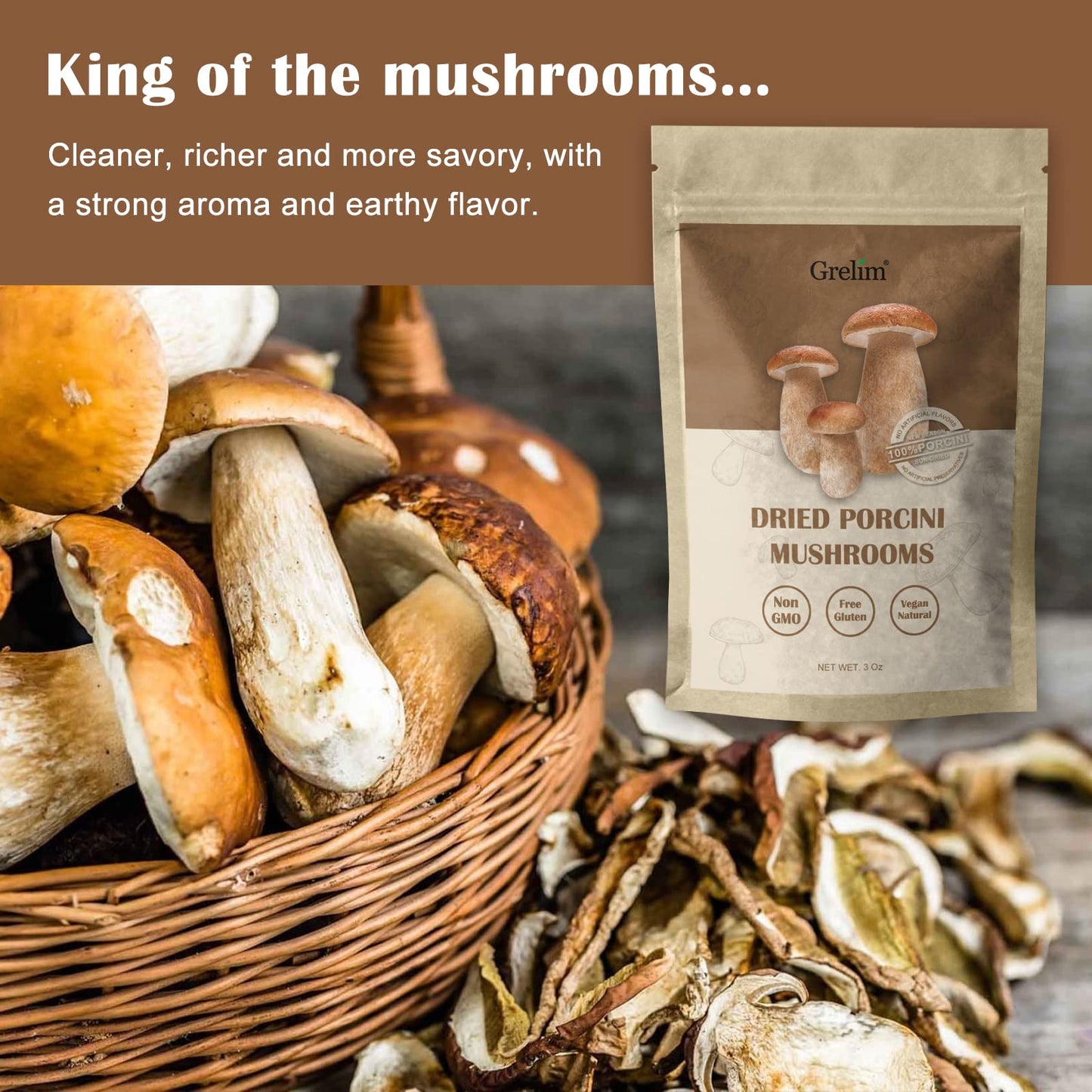 Grelim Dried Porcini Mushrooms, New Season Sun Dried Wild Porcini All Natural, Vegan, Easy Preparation And Rehydrate Ideal For S