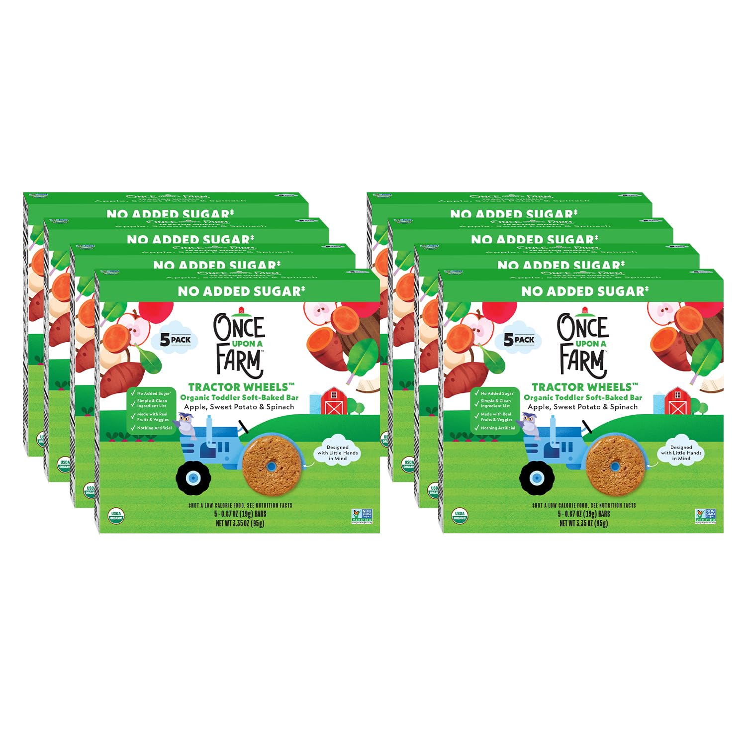 Once Upon A Farm Organic Toddler Soft Baked Bar, Apple, Sweet Potato and Spinach, Tractor Wheels Shaped, Non GMO, Kosher, 3.35 O