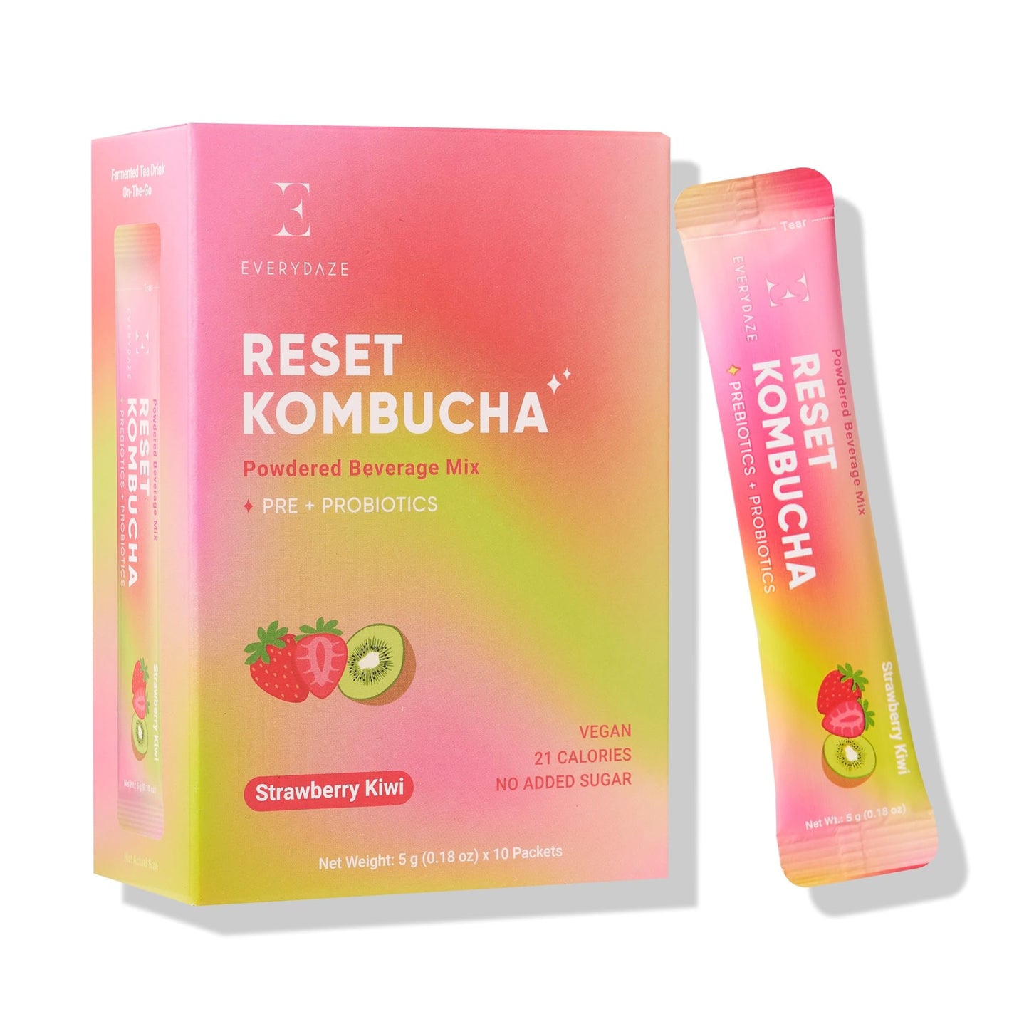 E EVERYDAZE Kombucha Tea Powder Mix, Vegan, No Added Sugar, 10 Sticks, Strawberry Kiwi Flavor, Gluten Free, 0.18 Ounce