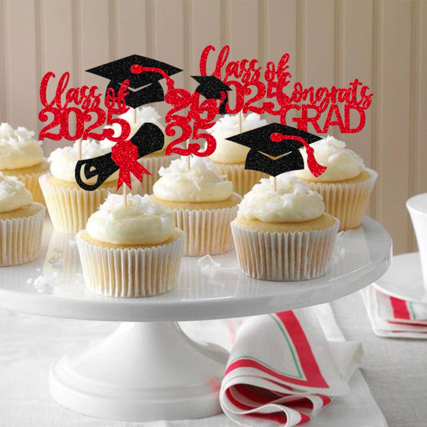 YCTHUNFISH 30 Pack Cupcake Toppers Glitter Class of 2025 Graduation Decorations Black Red Bamboo
