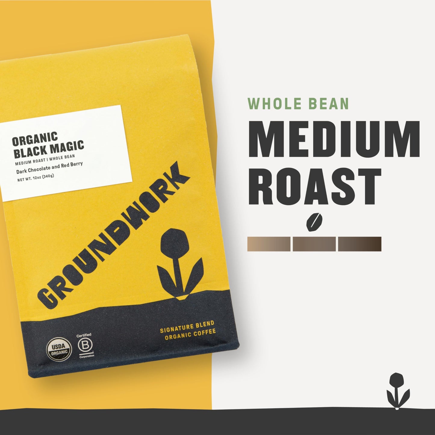 Groundwork Certified Organic Whole Bean Coffee, Black Magic Espresso, 12 oz Bag