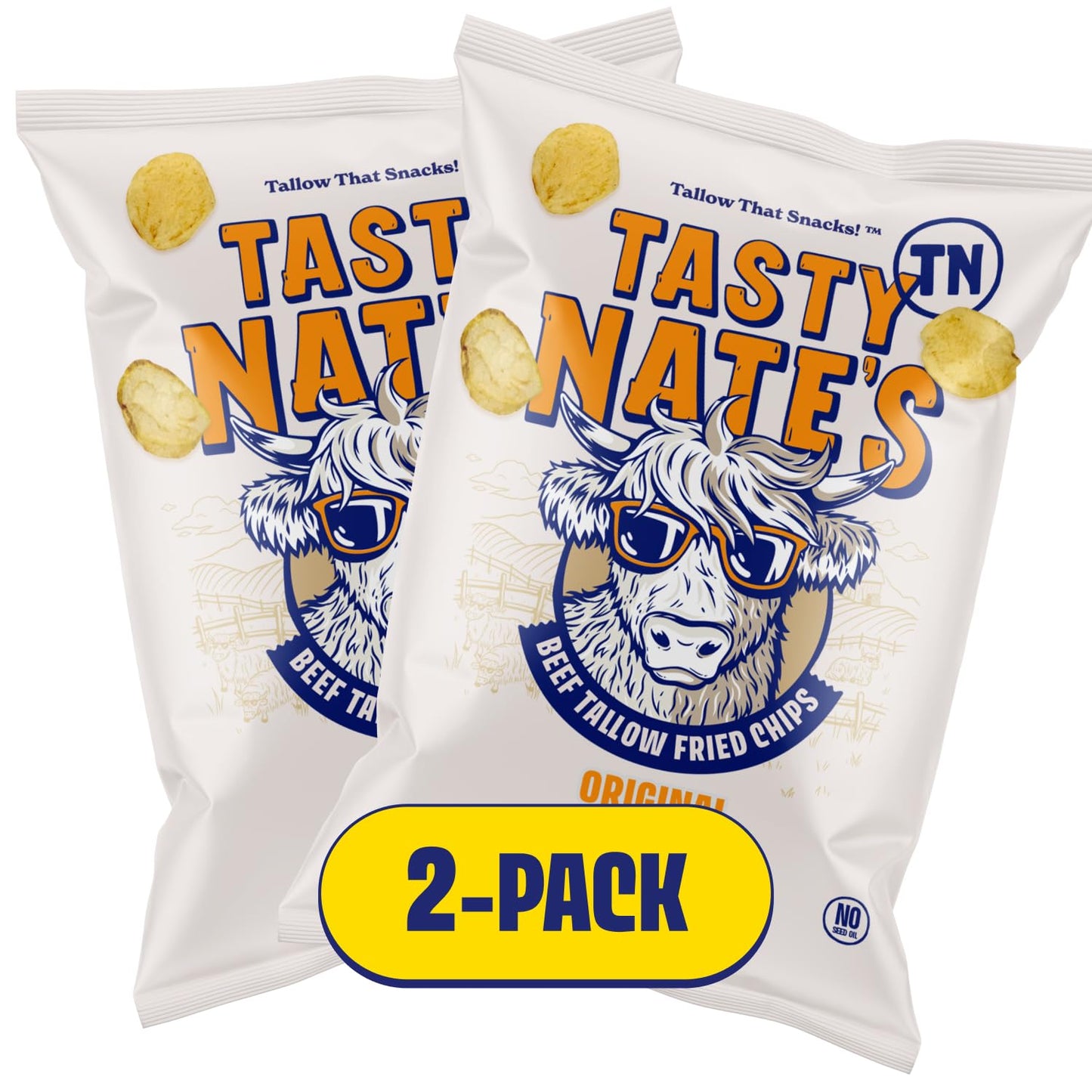 TASTY NATES Beef Tallow Potato Chips - Original Sea Salt, 7oz Pack of 2, Seed Oil Free, Paleo Snacks