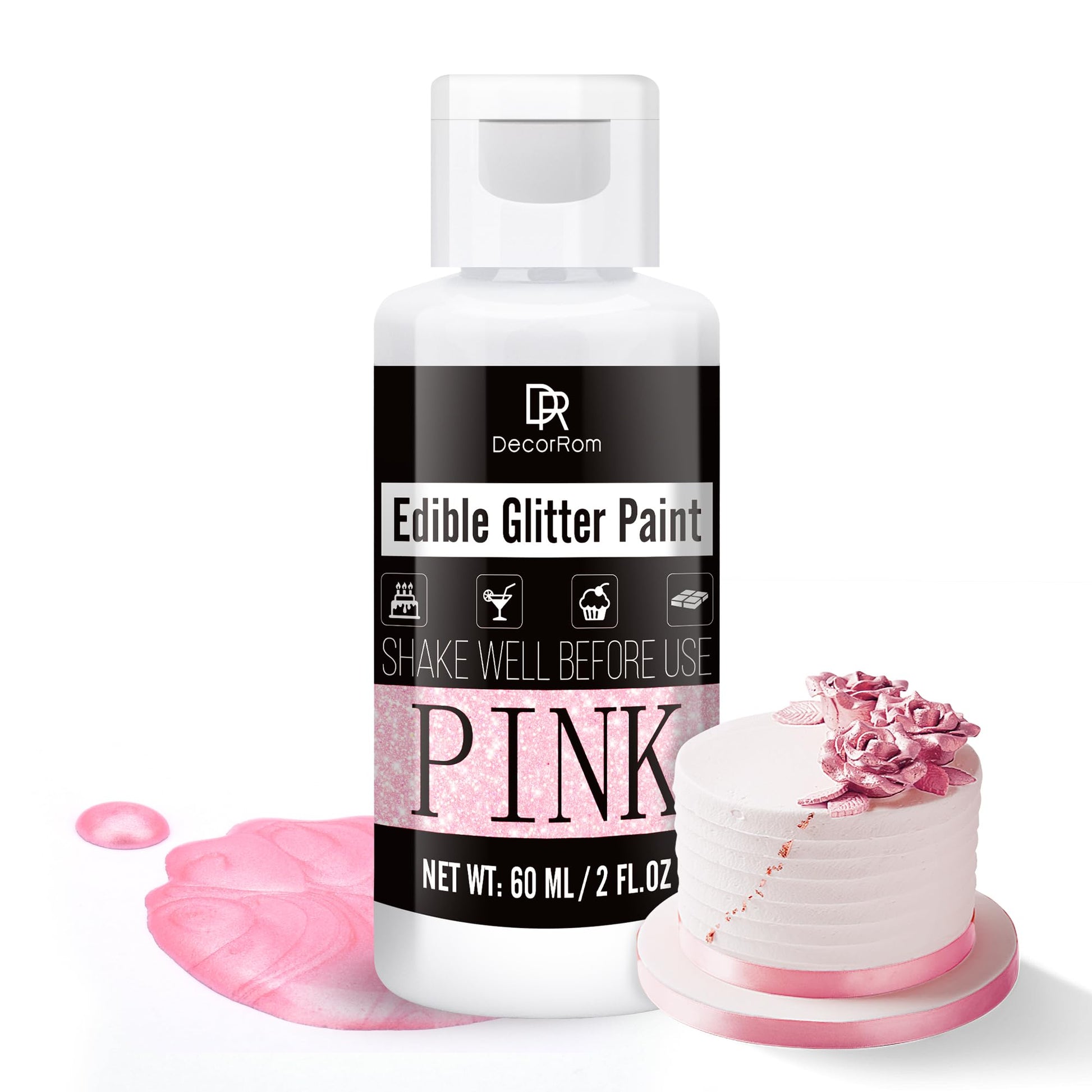 DecorRom Edible Glitter Paint - Metallic Cake Paint, Food Grade, 2 fl. oz, Pink