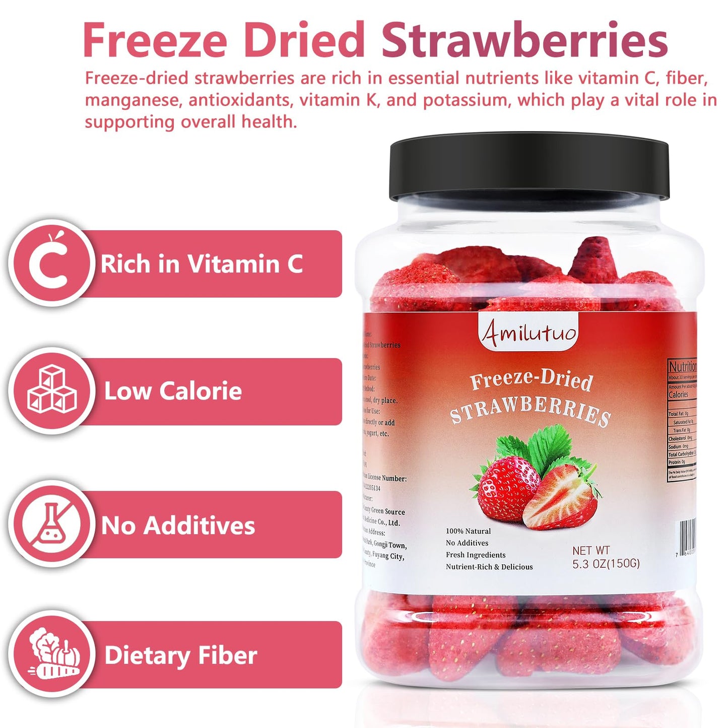 Amilutuo Freeze Dried Strawberries, Whole Dehydrated Fruit, 5.3OZ for Cereal, Salads, Granola Bars, Ice Cream