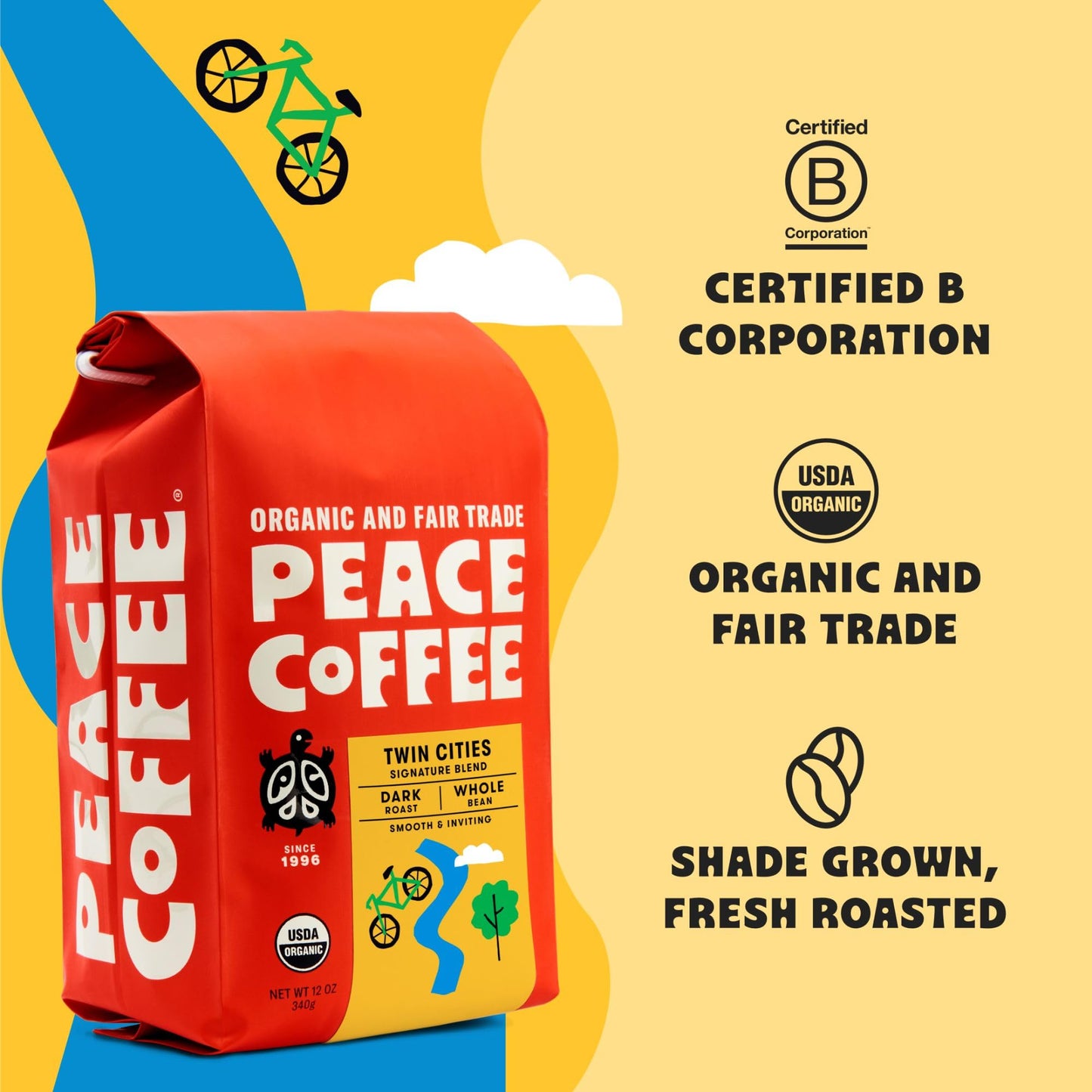 Peace Coffee Twin Cities Blend Dark Roast (Sumatra, Peru, Honduras Origins) Organic Fair Trade Coffee, Whole Bean 20 Oz. Bag