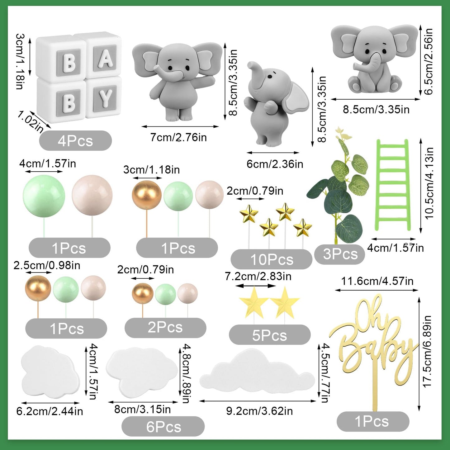 Yinder Bear Cake Toppers Mini Bear Decorations, Gold White Pearl Balls, Small Size, Green, Model LT-Yinder-4255
