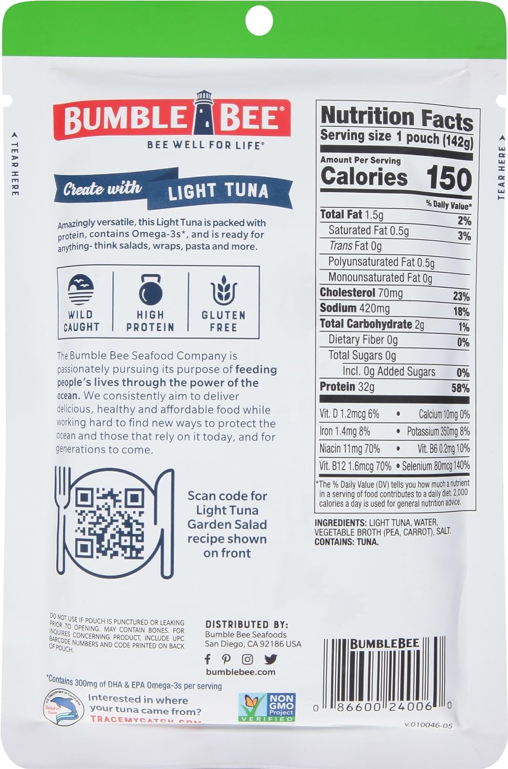 Bumble Bee Light Tuna Pouch In Water, 5 Oz Pouch (Pack Of 12) - Tuna Fish Pouch, High Protein Food, Keto Food And Snacks, Gluten Free Food, High Protein Snacks, Bulk Tuna Pouches