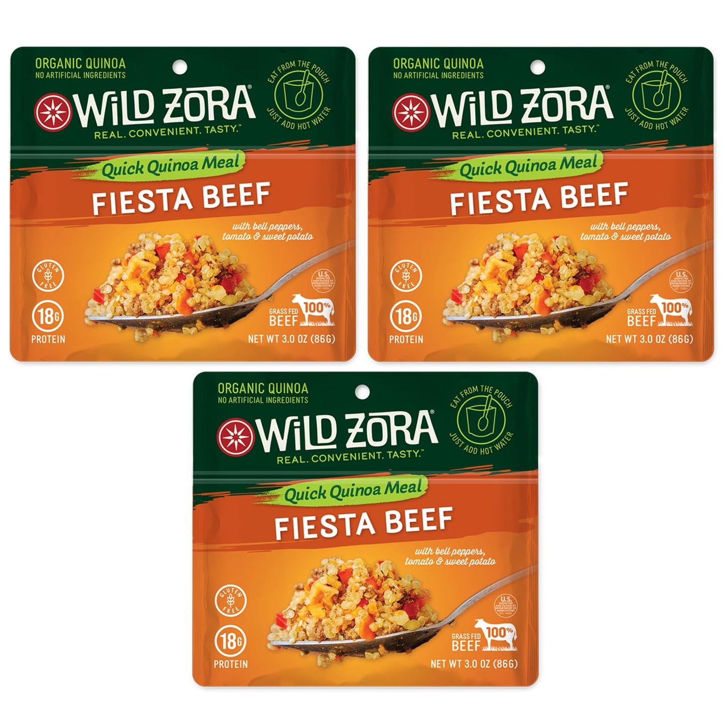 WILD ZORA Instant Organic Quinoa Meals - Fiesta Beef 3-Pack, Gluten-Free Meal with Lentils & Olive Oil Packet