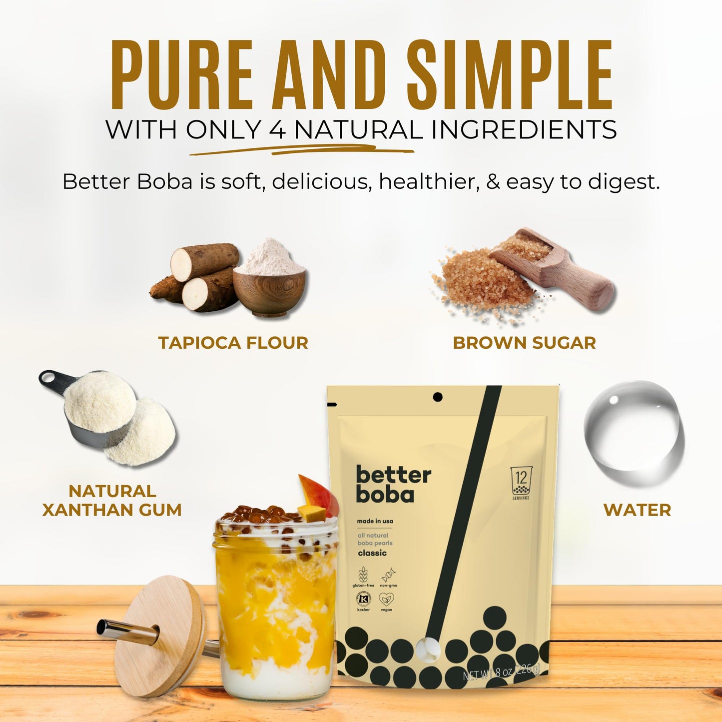 Better Boba Classic Kosher Boba Pearls | Non-GMO, Vegan, Gluten-Free | 8 Oz - 12 Servings | Made in USA