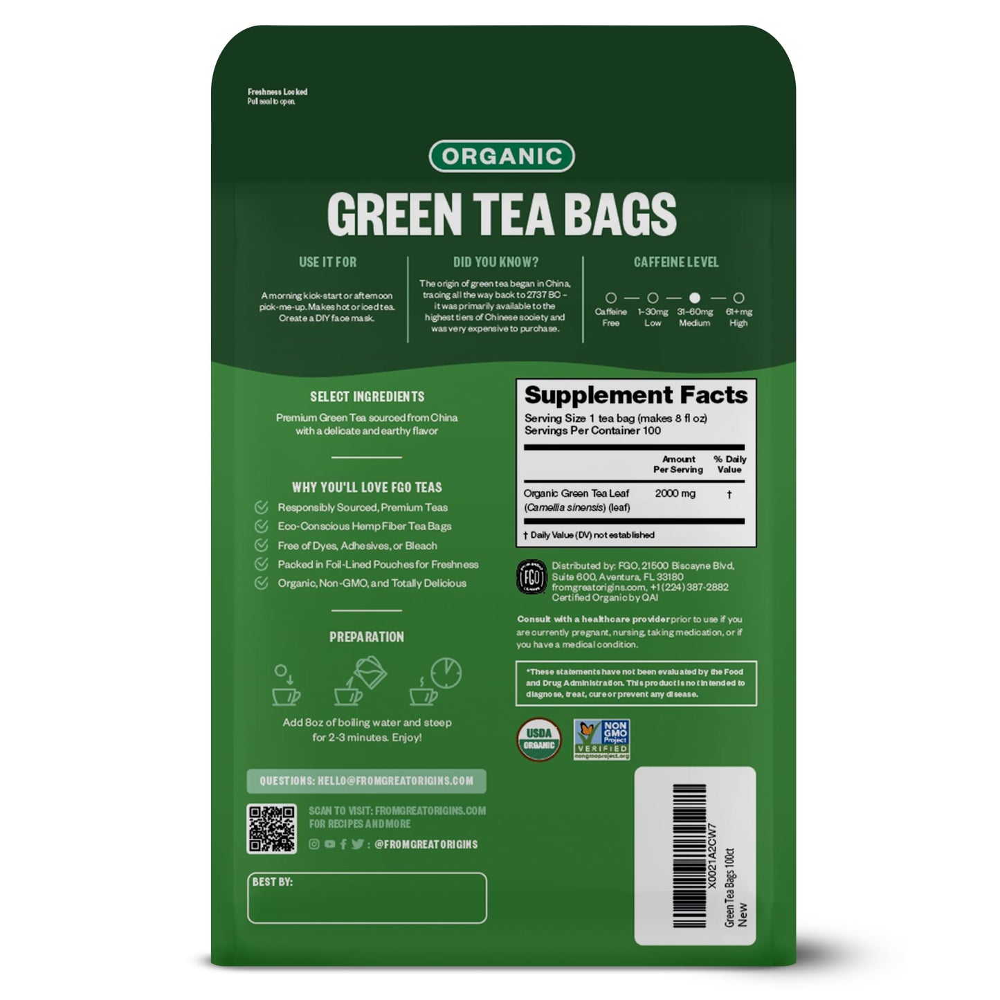 FGO Organic Green Tea Bags, Eco-Conscious, 100 Count, Model FGO-GRNT-TEAB-100
