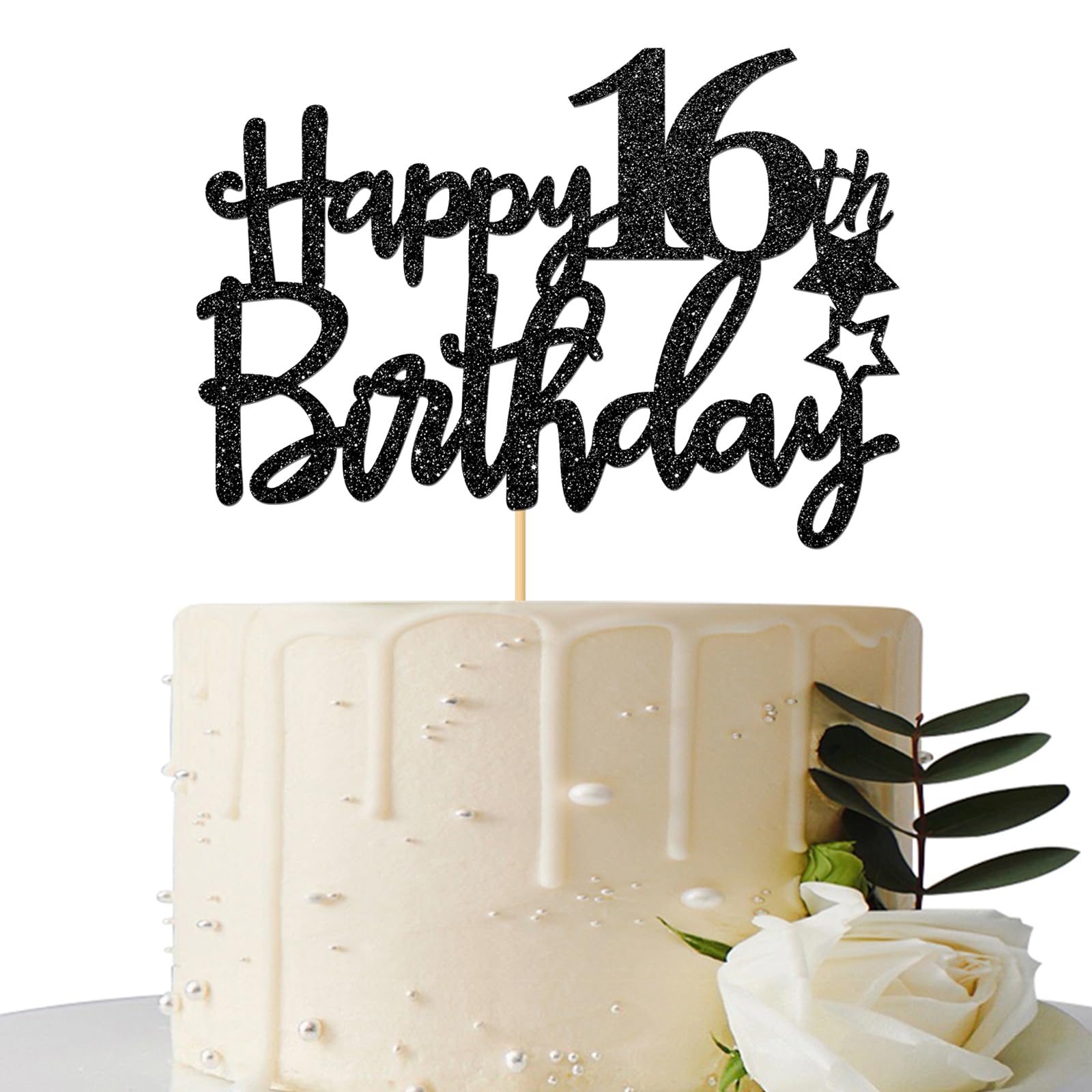 Black Glitter Happy 16Th Birthday Cake Topper, 16Th Anniversary, Sweet 16, Cheers To 16 Years Party Decorations