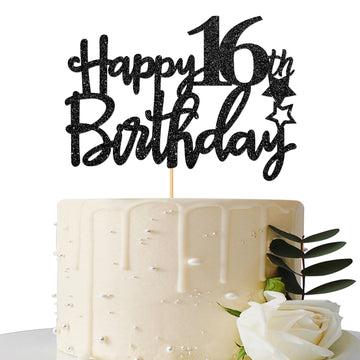 Black Glitter Happy 16Th Birthday Cake Topper, 16Th Anniversary, Sweet 16, Cheers To 16 Years Party Decorations