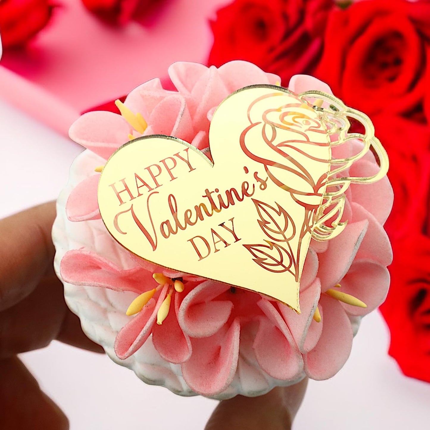 Aiqi Bakes 24Pcs Rose Carving Gold Mirror Acrylic Heart Shape Happy Valentine'S Day Cupcake Decorations, Valentine'S Day Cake Pa