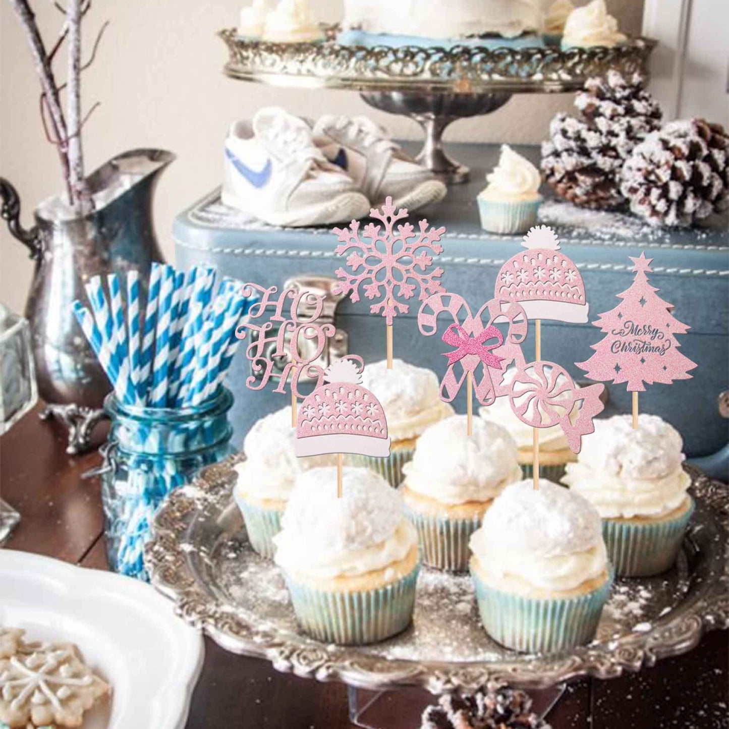 24 Pcs Merry Christmas Cupcake Toppers Glitter Ho Ho Ho Christmas Tree Cupcake Picks Snowflake Cupcake Toppers For Merry Christmas Theme Birthday Party Cake Decorations Supplies