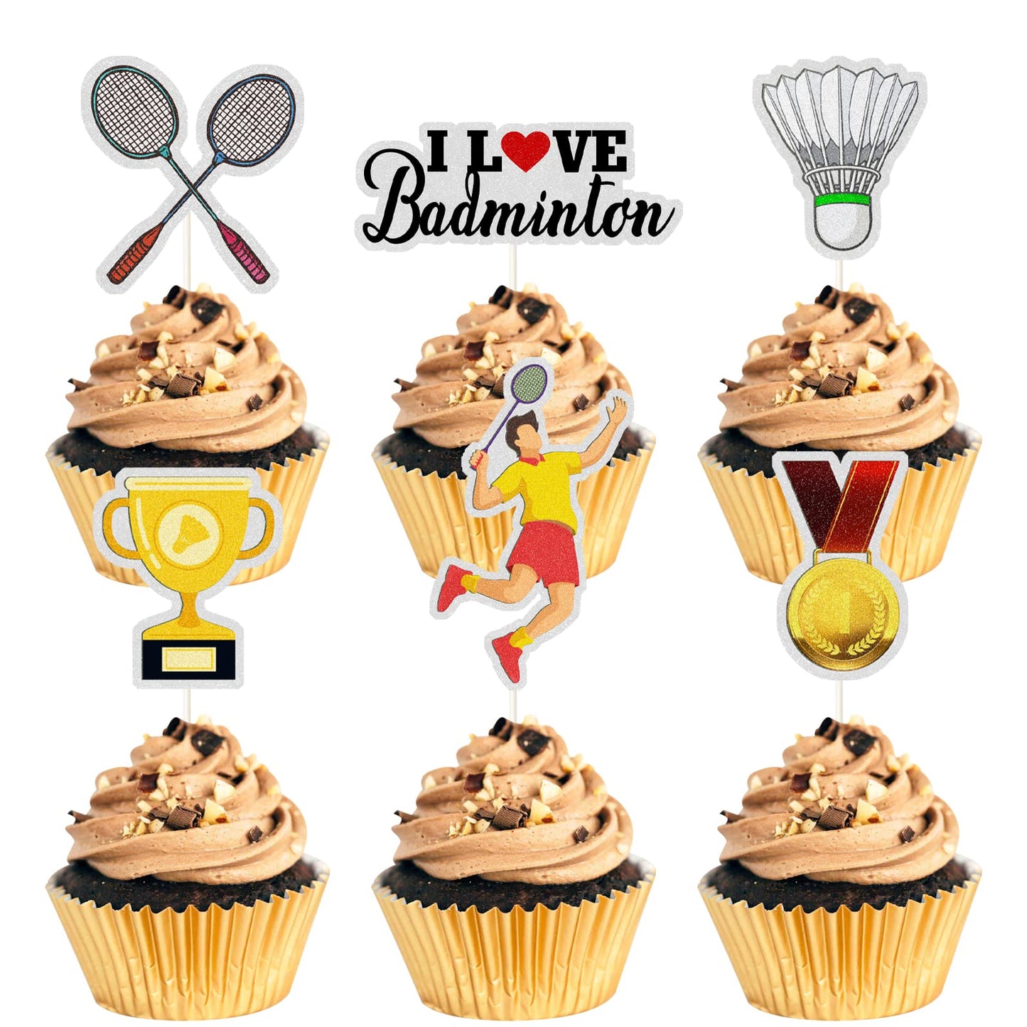 Mefeng-Badminton Theme Cupcake Toppers-Trophy-Racket-Medals-Badminton-I Love Badminton Sign-Funny Kit Ball Games Cupcake Toppers