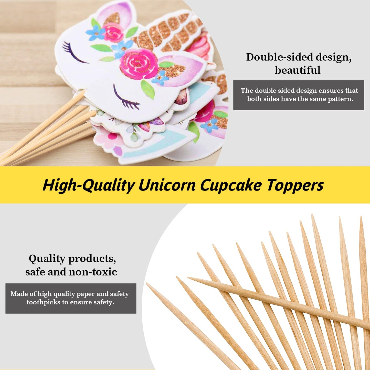 Coopache 48 Pieces Rainbow Unicorn Cupcake Toppers, Cupcake Picks Cake Decorations, Double Sided Unicorn Cake Topper Set Birthda