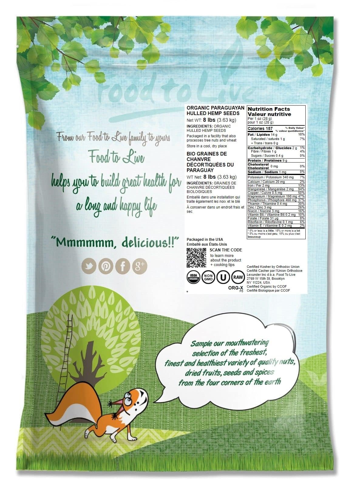 Food To Live Organic Paraguayan Hemp Seeds, 8 Pounds Non-Gmo Raw Hearts, Hulled, Kosher, Vegan. Keto-Friendly. Rich In Omega 3 & 6. Good Source Of Protein. Great For Smoothies, Oatmeal, And Salads