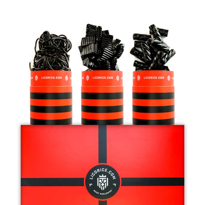 Licorice.com | Candy Gift Box | Soft & Chewy Black Licorice Trio | Australian Sweet & Rich Black Authentic Licorice Spirals & Pi